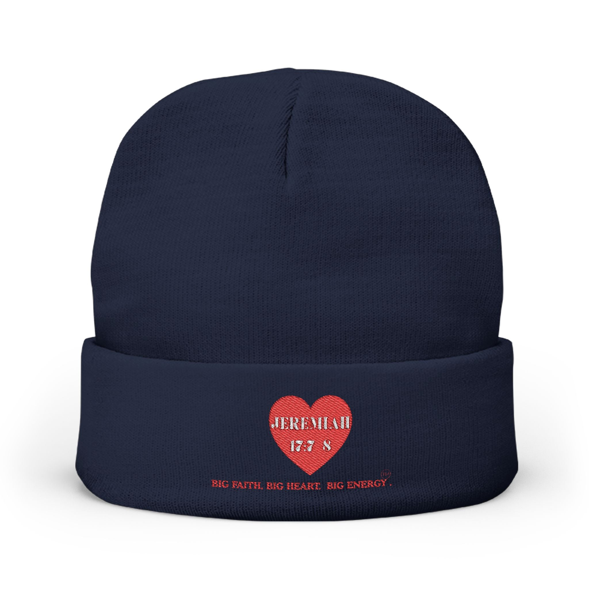 Embroidered Heart Knit Beanie — 'Jeremiah 17:7-8 N' Cozy Winter Hat