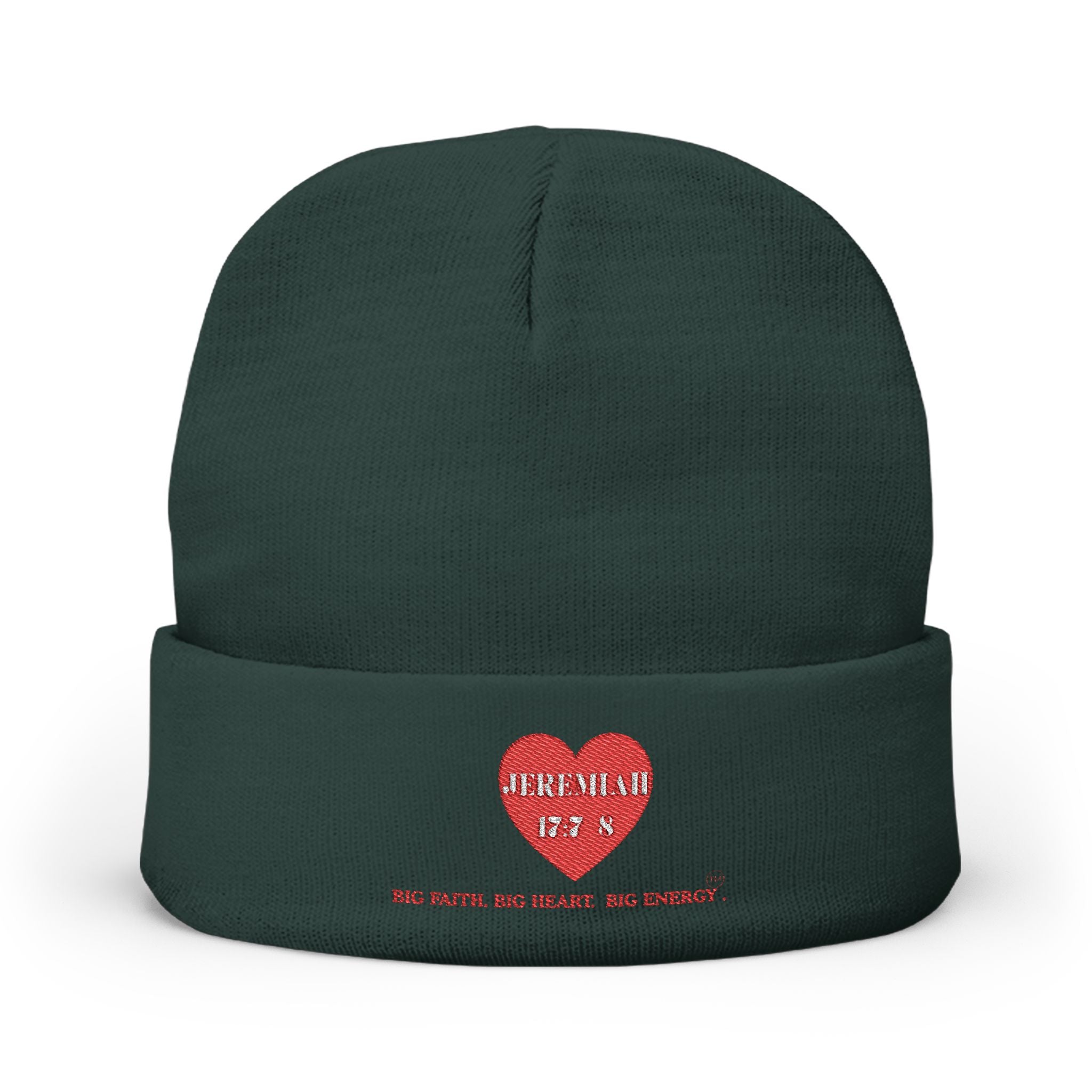 Embroidered Heart Knit Beanie — 'Jeremiah 17:7-8 N' Cozy Winter Hat