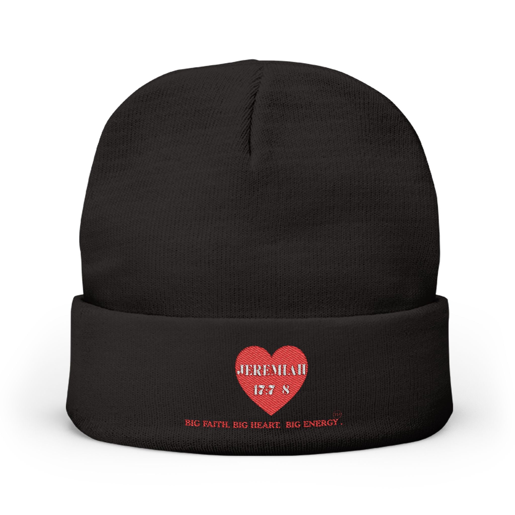 Embroidered Heart Knit Beanie — 'Jeremiah 17:7-8 N' Cozy Winter Hat