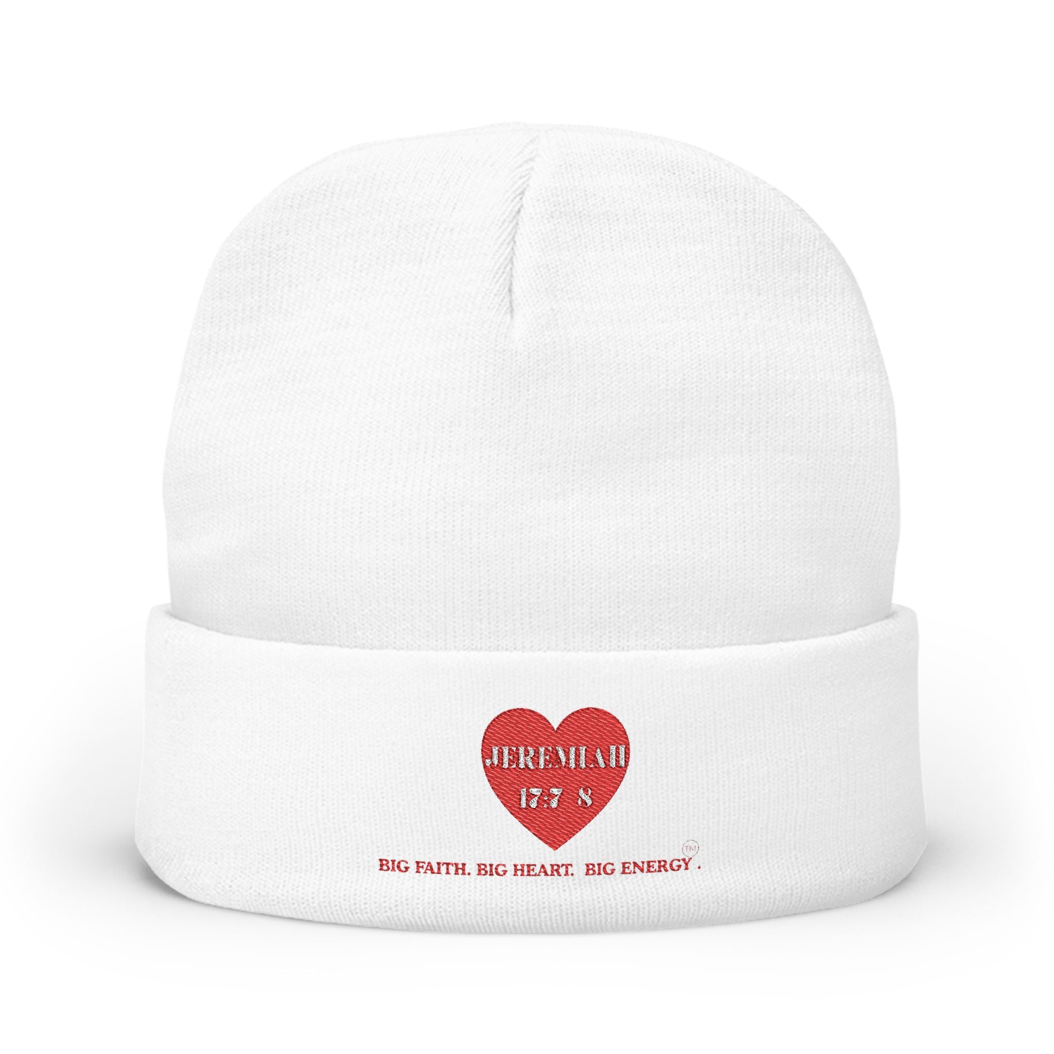 Embroidered Heart Knit Beanie — 'Jeremiah 17:7-8 N' Cozy Winter Hat