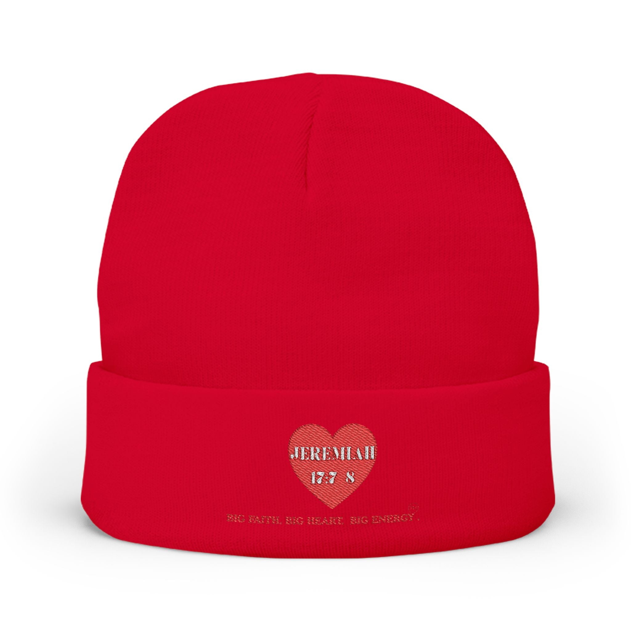 Embroidered Heart Knit Beanie — 'Jeremiah 17:7-8 N' Cozy Winter Hat